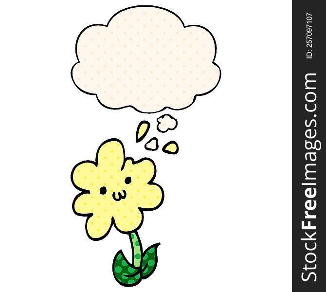 cartoon flower with thought bubble in comic book style