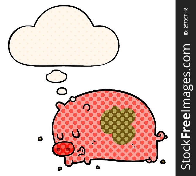cute cartoon pig with thought bubble in comic book style