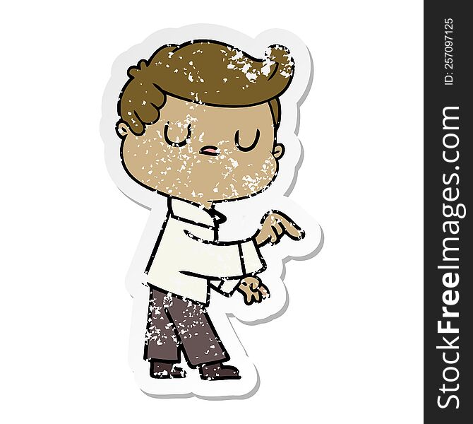 distressed sticker of a cartoon aloof man pointing finger