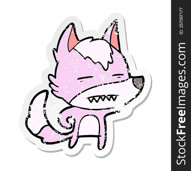 distressed sticker of a cartoon wolf showing teeth