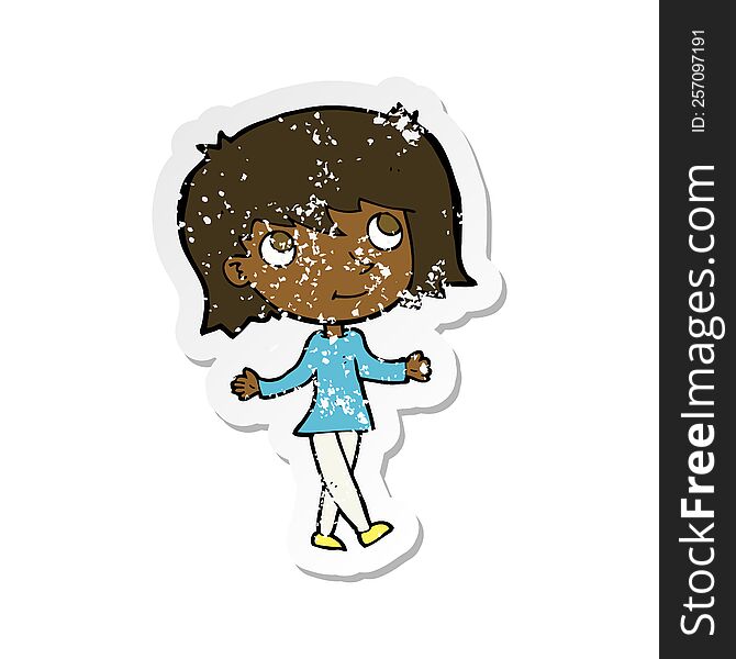retro distressed sticker of a cartoon girl with no worries