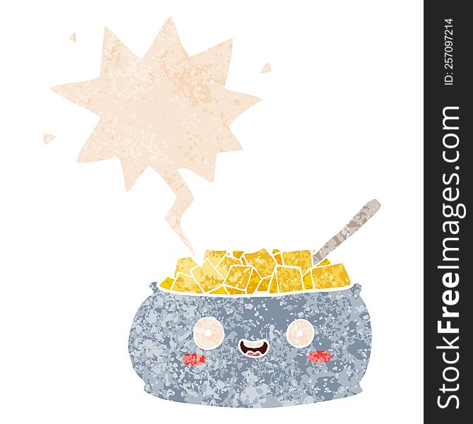 Cute Cartoon Bowl Of Sugar And Speech Bubble In Retro Textured Style