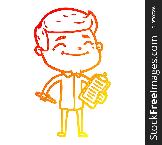 warm gradient line drawing of a happy cartoon man taking survey