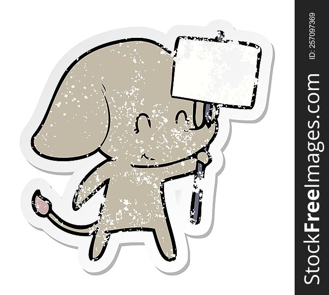 Distressed Sticker Of A Cute Cartoon Elephant With Sign