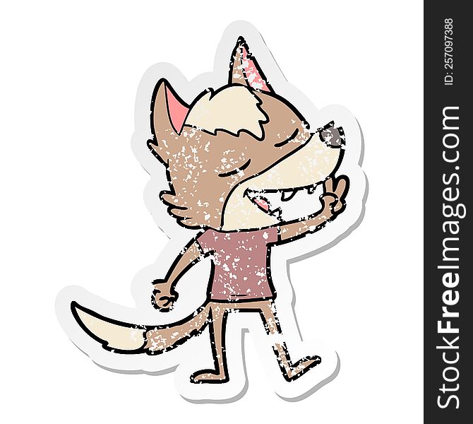 distressed sticker of a cartoon wolf giving peace sign