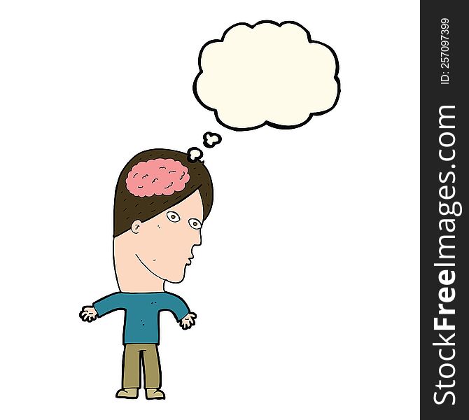 Cartoon Man With Brain Symbol With Thought Bubble