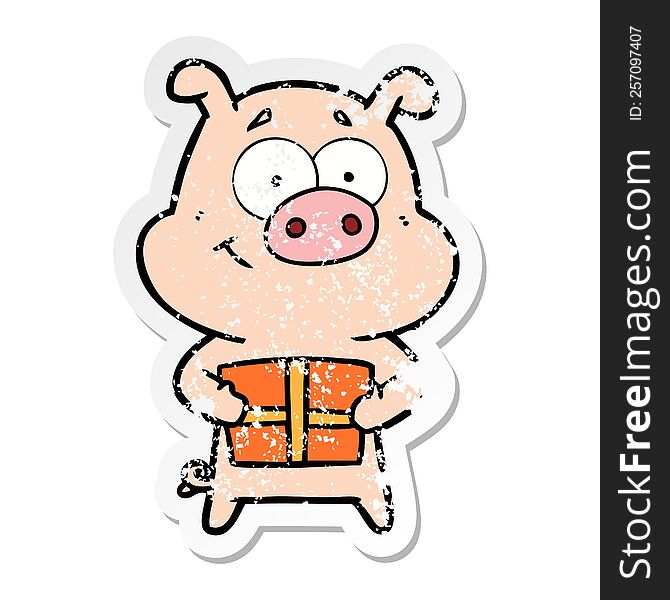 distressed sticker of a happy cartoon pig holding christmas present