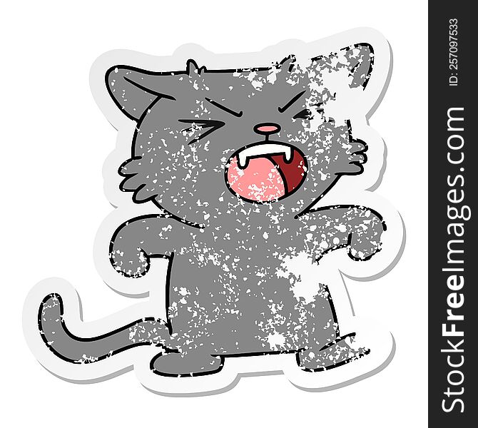 Distressed Sticker Cartoon Doodle Of A Screeching Cat
