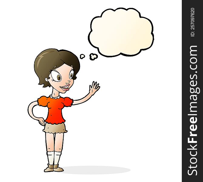 Cartoon Waving Woman With Thought Bubble