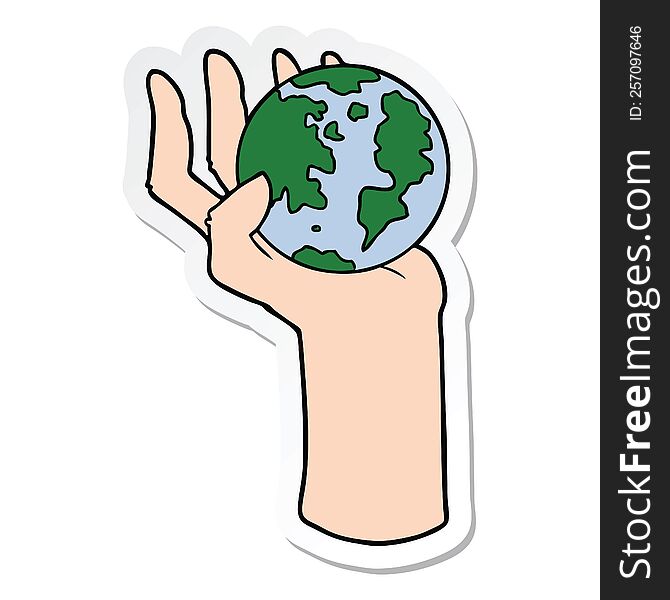 sticker of a cartoon hand holding whole earth