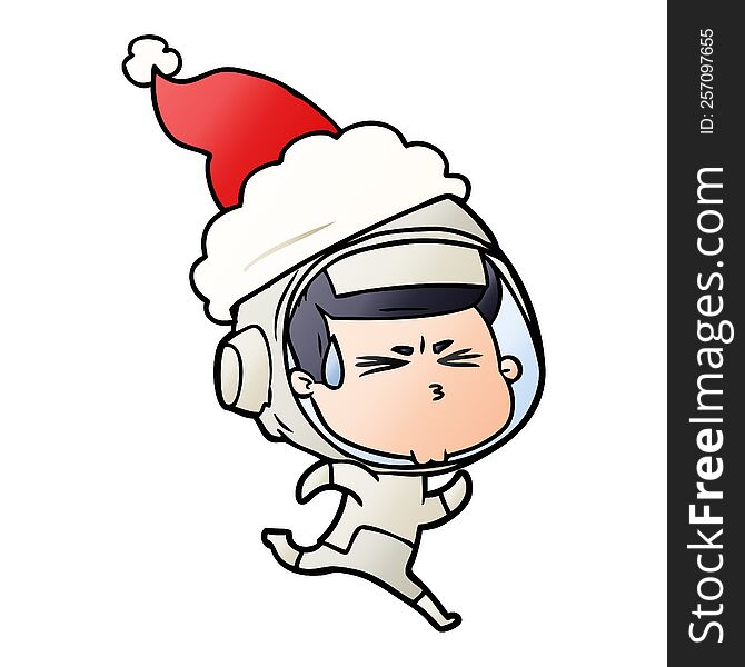hand drawn gradient cartoon of a stressed astronaut wearing santa hat