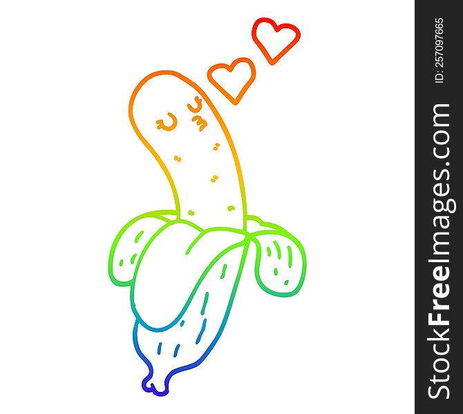 rainbow gradient line drawing of a cartoon banana in love