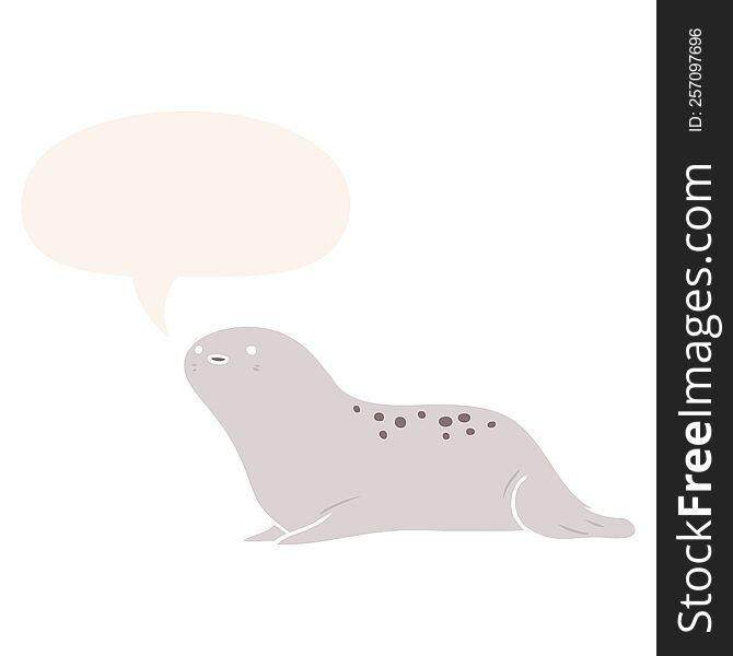 cute cartoon seal with speech bubble in retro style