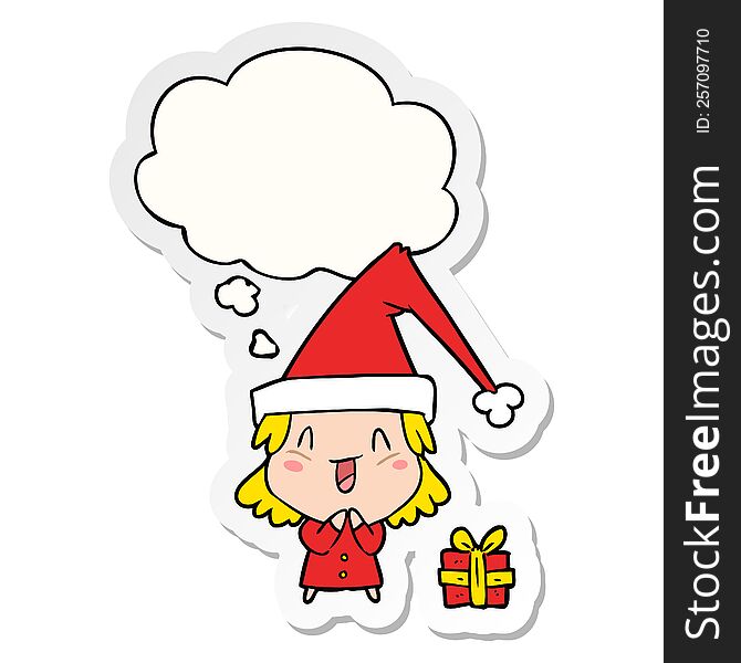Cartoon Girl Wearing Christmas Hat And Thought Bubble As A Printed Sticker