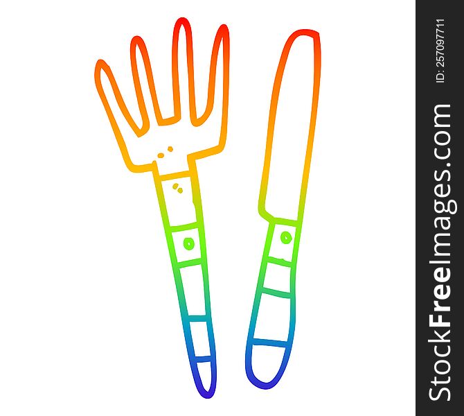 rainbow gradient line drawing cartoon knife and fork