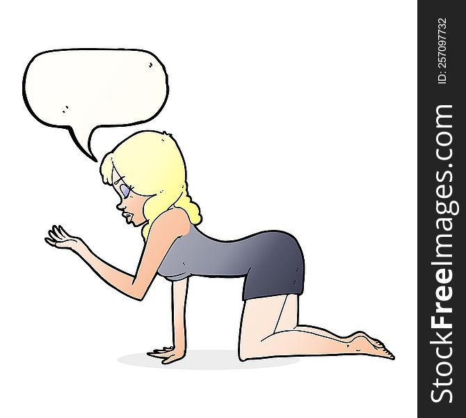 cartoon woman on all fours with speech bubble
