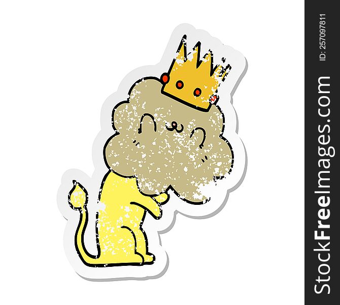 distressed sticker of a cartoon lion with crown