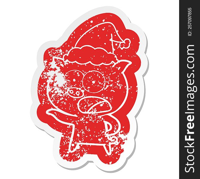 Cartoon Distressed Sticker Of A Pig Shouting Wearing Santa Hat