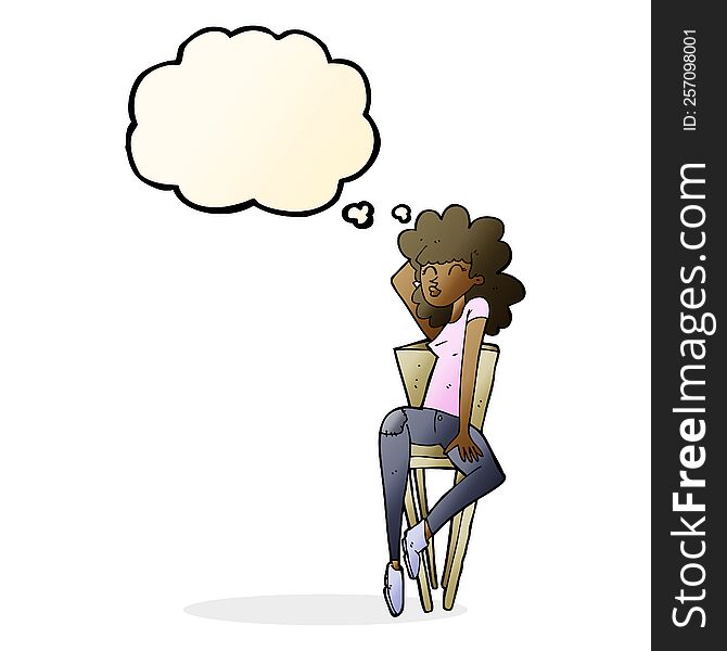 Cartoon Woman Posing On Chair With Thought Bubble