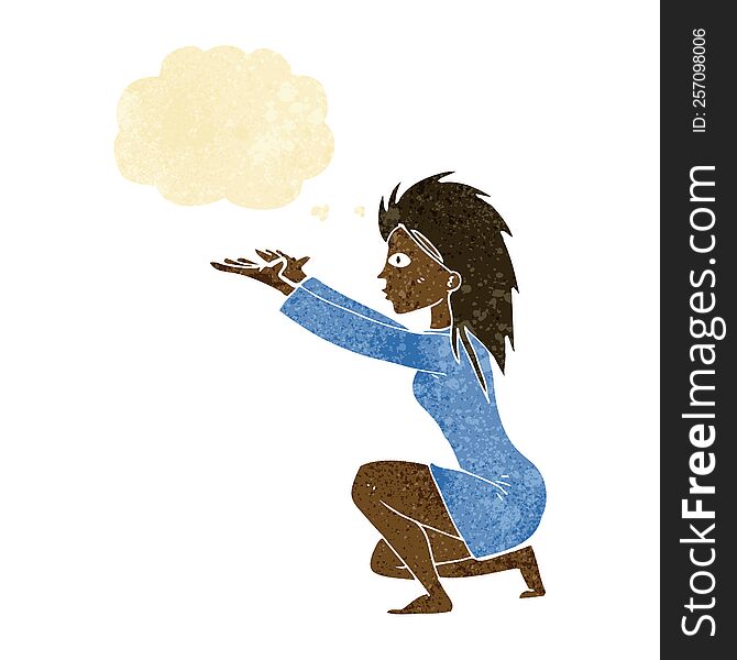 cartoon woman casting spell with thought bubble