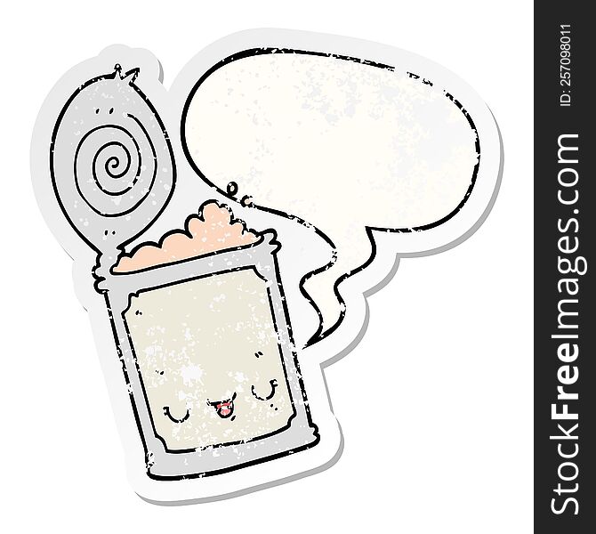 Cartoon Canned Food And Speech Bubble Distressed Sticker