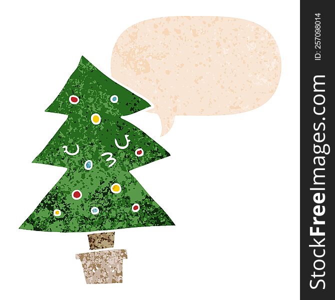 cartoon christmas tree with speech bubble in grunge distressed retro textured style. cartoon christmas tree with speech bubble in grunge distressed retro textured style