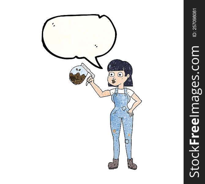 freehand speech bubble textured cartoon woman in dungarees with coffee