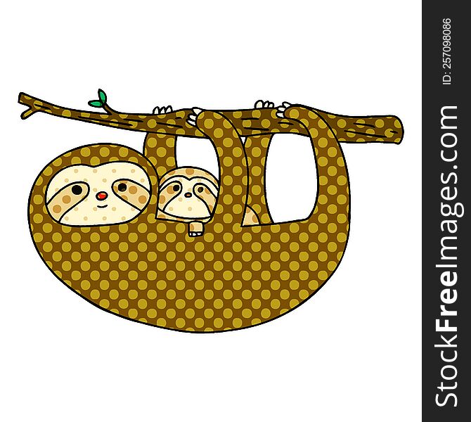 comic book style quirky cartoon sloth and baby. comic book style quirky cartoon sloth and baby