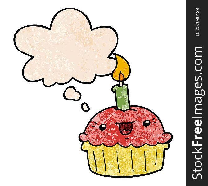 Cartoon Cupcake With Candle And Thought Bubble In Grunge Texture Pattern Style