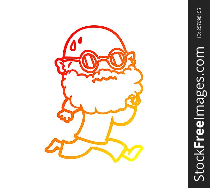 warm gradient line drawing of a cartoon running man with beard and sunglasses sweating