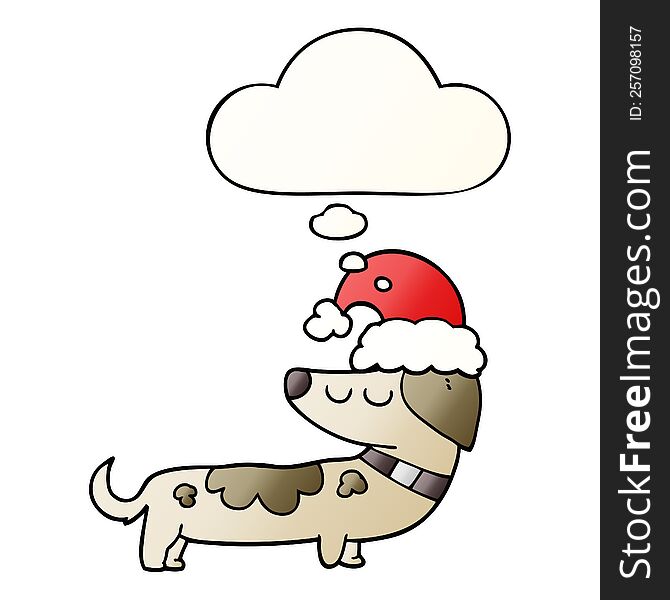 Cartoon Dog Wearing Christmas Hat And Thought Bubble In Smooth Gradient Style