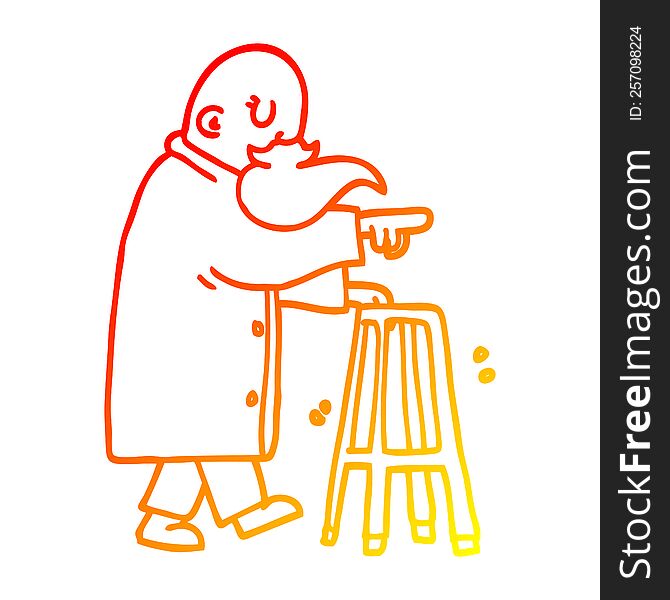 warm gradient line drawing of a cartoon old man with walking frame