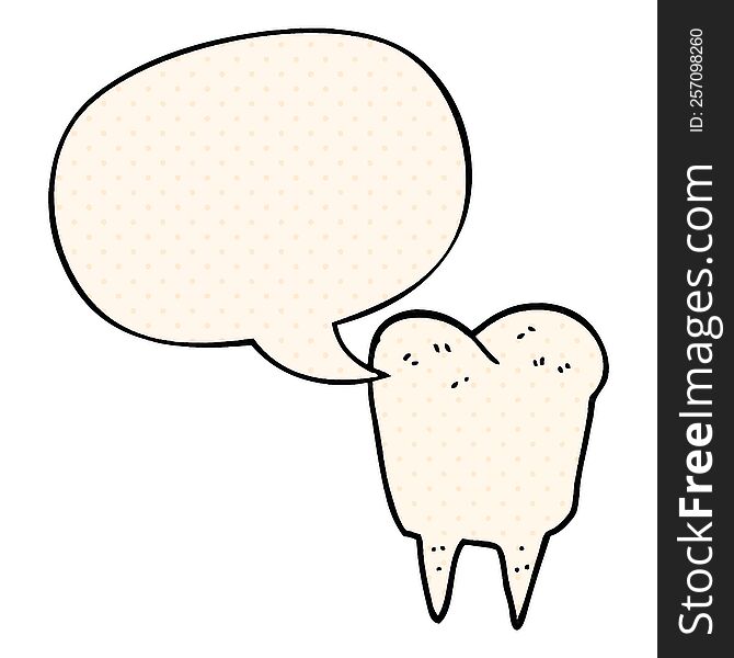 cartoon tooth with speech bubble in comic book style