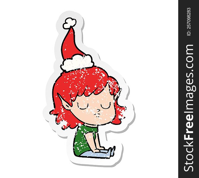 distressed sticker cartoon of a elf girl wearing santa hat