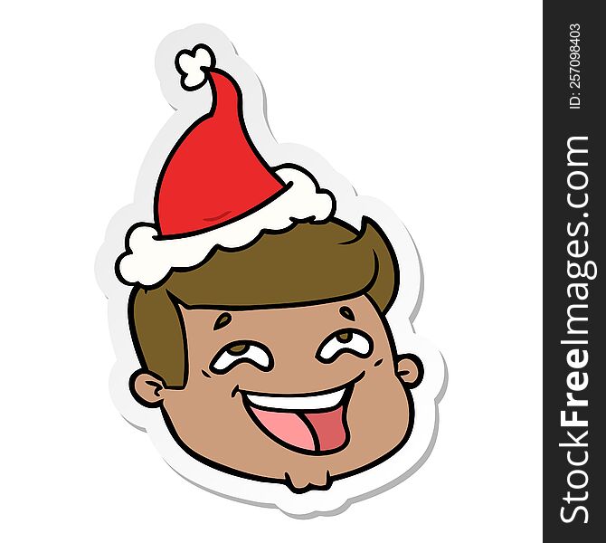 happy hand drawn sticker cartoon of a male face wearing santa hat. happy hand drawn sticker cartoon of a male face wearing santa hat
