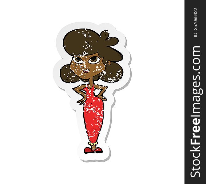 retro distressed sticker of a cartoon girl with hands on hips