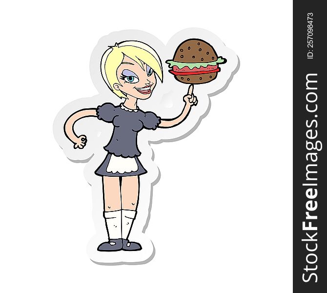 Sticker Of A Cartoon Waitress Serving A Burger