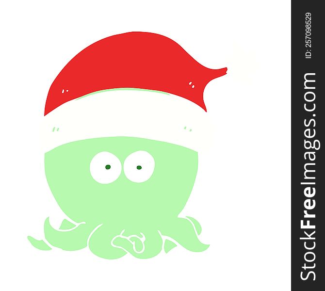 flat color style cartoon octopus wearing christmas hat