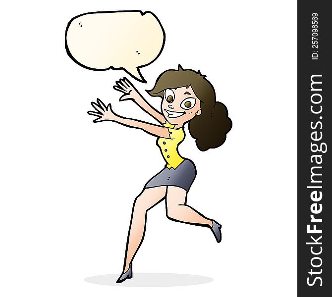 cartoon happy woman jumping with speech bubble