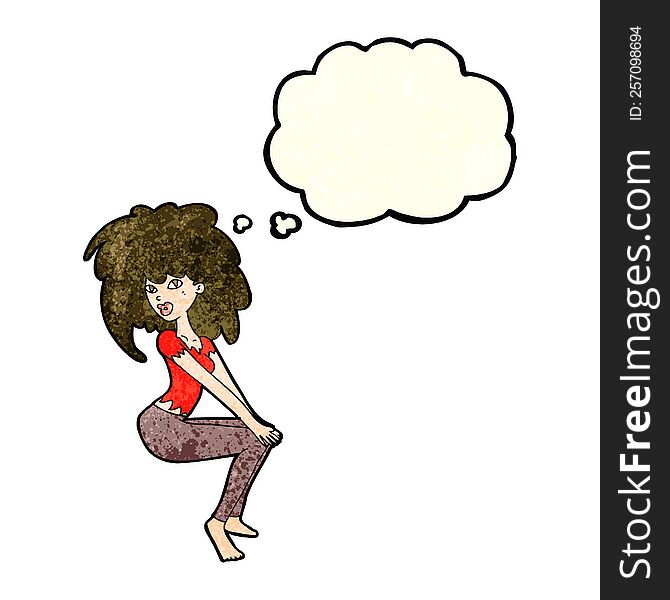 cartoon woman with big hair with thought bubble