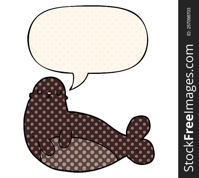 cartoon seal with speech bubble in comic book style