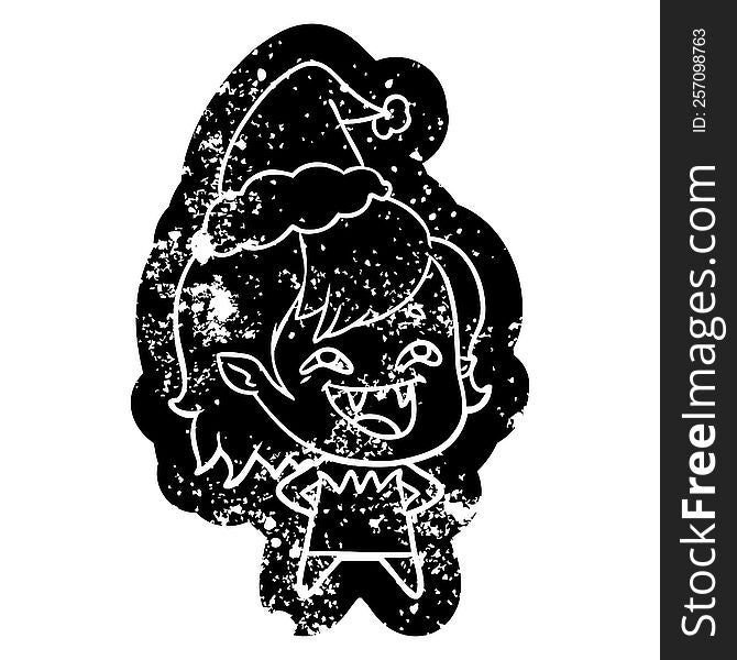 Cartoon Distressed Icon Of A Laughing Vampire Girl Wearing Santa Hat