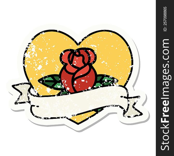 Traditional Distressed Sticker Tattoo Of A Heart Rose And Banner