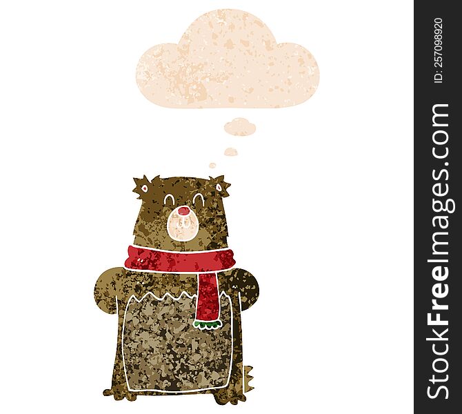 Cartoon Bear And Thought Bubble In Retro Textured Style