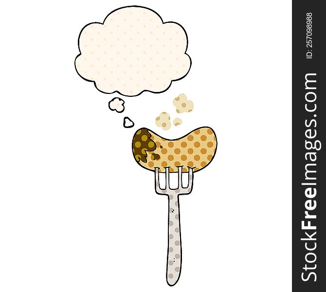 cartoon sausage and fork with thought bubble in comic book style