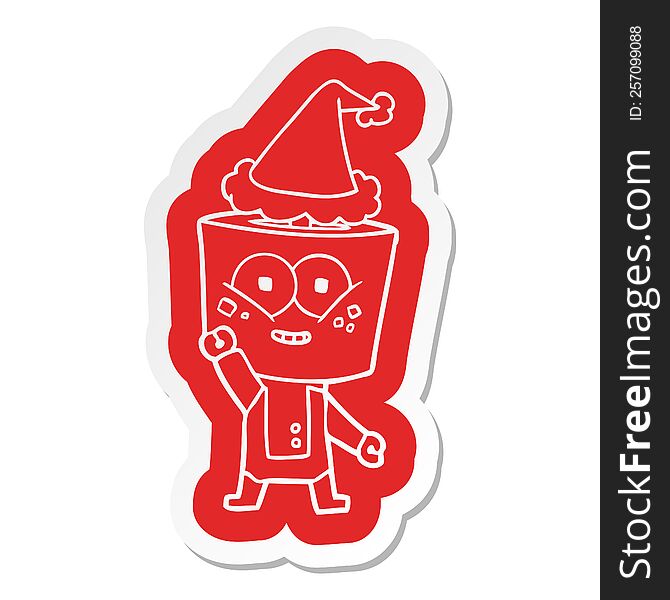 happy quirky cartoon  sticker of a robot waving hello wearing santa hat