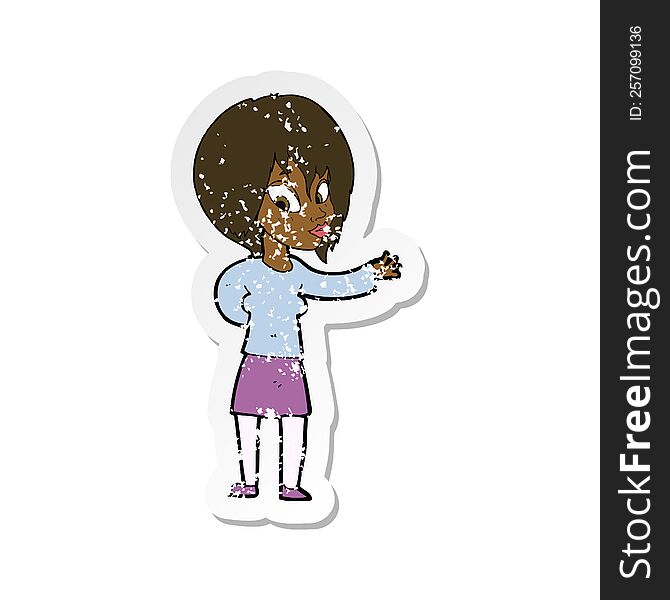 Retro Distressed Sticker Of A Cartoon Woman Making Welcome Gesture