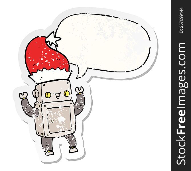 Cartoon Christmas Robot And Speech Bubble Distressed Sticker