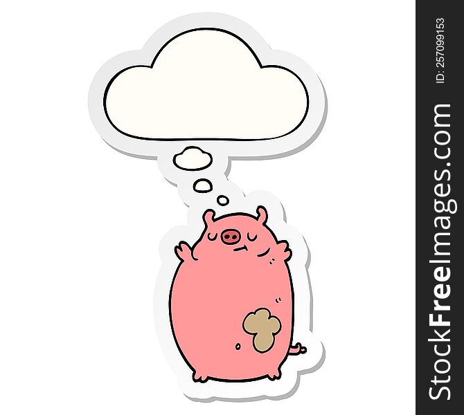 cartoon fat pig with thought bubble as a printed sticker