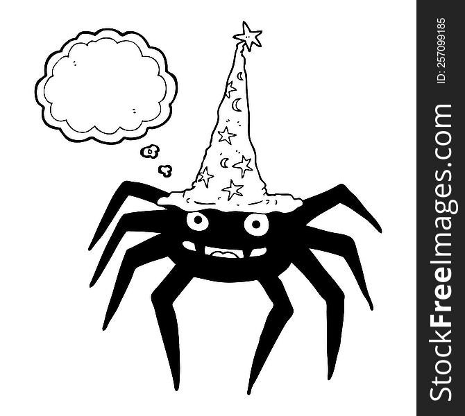 freehand drawn thought bubble cartoon halloween spider in witch hat